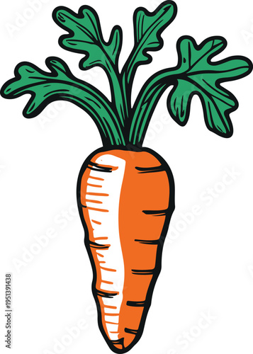 Colorful bold line art sticker of a carrot with crooked leafy top, uneven lines, naive drawing style, white background