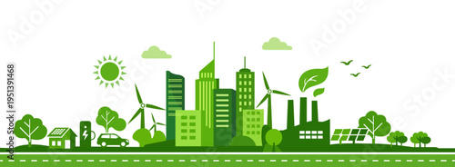 Eco friendly green city skyline with renewable energy and sustainable urban landscape vector illustration