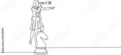 Single one line drawing active businesswoman on top of big horse chess piece using telescope looking for success, opportunities, future business trends. Continuous line draw design vector illustration