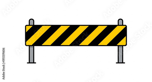 Yellow and black striped construction barrier with metal legs.