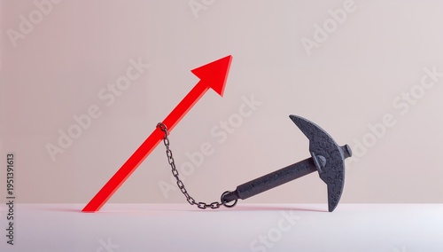 Chained Upward Arrow with Heavy Anchor – Growth Limitation, Business Struggle, Economic Constraint Concept