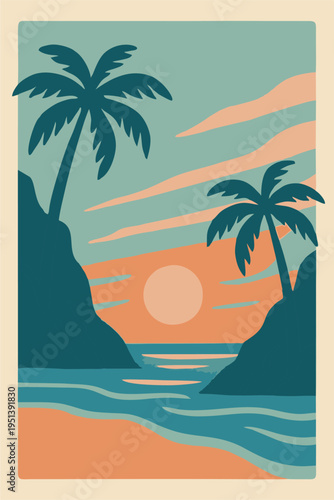 Boho beach illustration with terracotta sky, palm trees, sun, and sand. Perfect for travel and summer-themed designs
