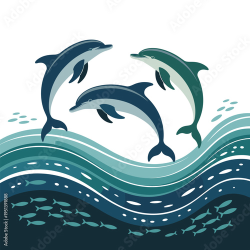 Three Dolphins Leaping Over Waves with School of Fish Below Ocean Life Stock Illustration