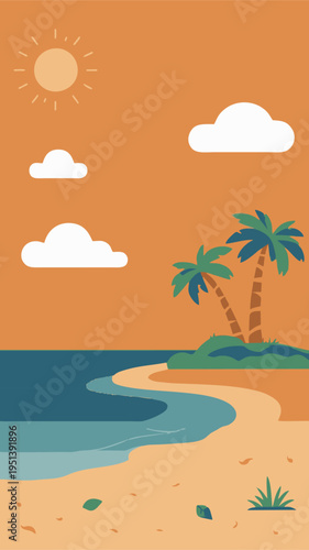 Boho beach illustration with terracotta sky, palm trees, sun, and sand. Perfect for travel and summer-themed designs