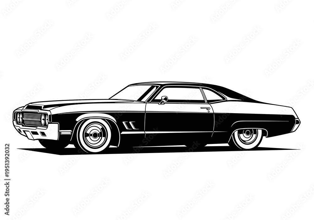 Obraz premium Classic American Muscle Car Silhouette Illustration Black and White Isolated 