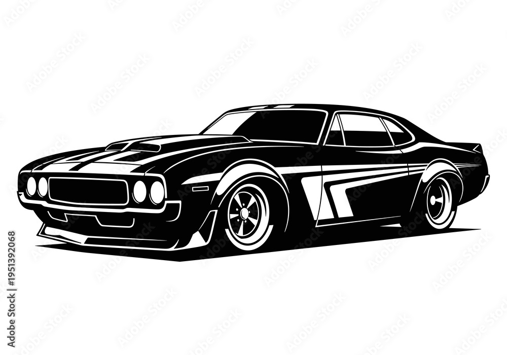 Obraz premium Classic Muscle Car Silhouette Illustration Black and White Isolated 