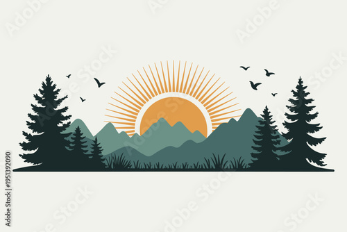 Sunset over mountains with pine trees and birds flying graphic landscape illustration