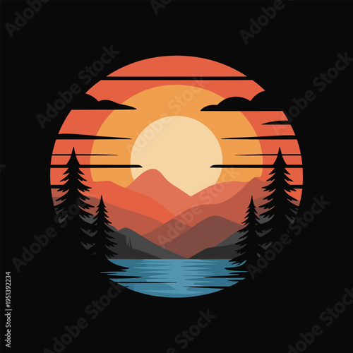 Sunset over mountains and lake with pine trees vintage retro style