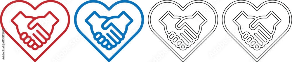 Obraz premium Heart shape icons with handshake inside in red blue and black on white background