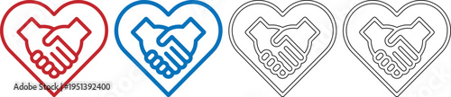 Heart shape icons with handshake inside in red blue and black on white background