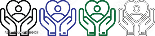 Line icons of hands holding heart with person inside  symbol for love and care