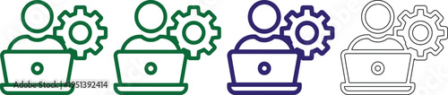 Line icons of people working on laptops with gear symbols above  representing teamwork and technical support in a modern office setting