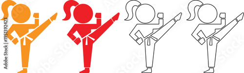 Stick figures of women in different colored martial arts uniforms kicking with one leg  various colorful karate poses and movements