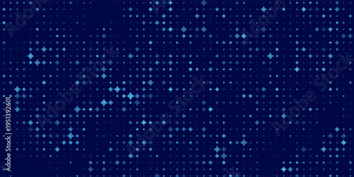 Digital glowing pixels matrix pattern on dark blue background. Abstract backdrop of glittering dots for FinTech presentation, blockchain or data scientist concept. Vector illustration.