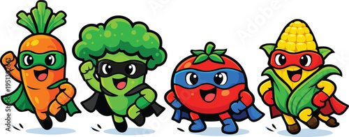 Vegetable Superhero Team Running in Action Cartoon