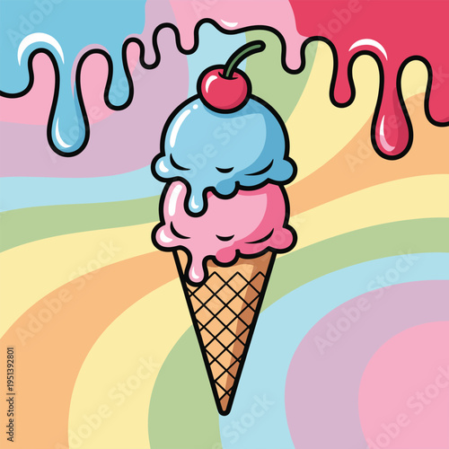 Double Scoop Ice Cream Cone with Cherry on Top Melting Against Rainbow Background Stock Illustration
