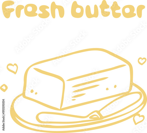 Hand drawn butter block on dish with fresh butter lettering in soft yellow style, perfect for recipe card, bakery branding