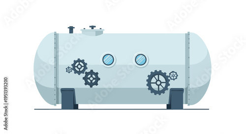 A large, light-gray cylindrical industrial tank with gears and circular windows rests on two support blocks.
