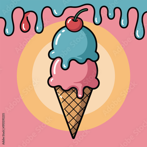 Two Scoop Ice Cream Cone with Cherry and Dripping Blue Glaze Pink Background Vector Illustration