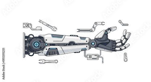 A disassembled robotic arm with white and blue accents is shown with its various mechanical components and wrenches spread out.