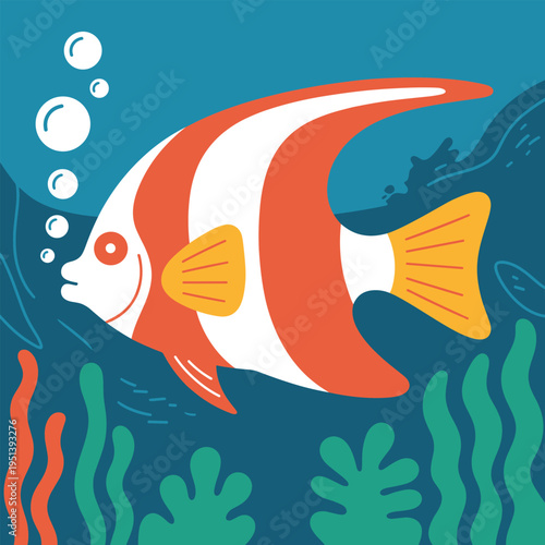 Colorful Moorish Idol Fish Swimming Underwater with Bubbles and SeaweedStock Illustration