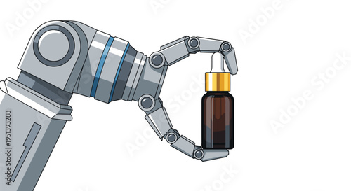 A metallic robotic hand delicately holds a small, dark amber glass dropper bottle with a golden cap against a white background.