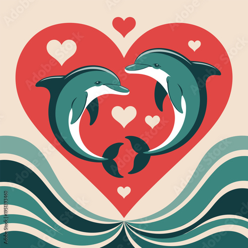 Dolphins Couple Heart Love Ocean Waves Retro Style Illustration