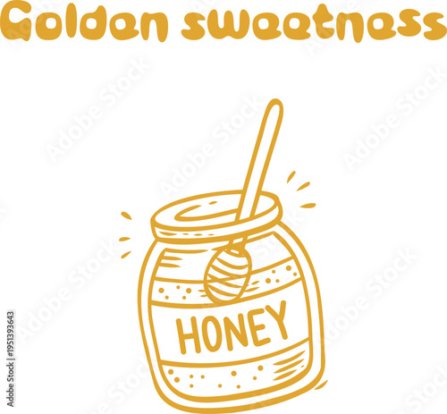 Honey jar with dipper golden sweetness illustration in warm yellow line style on light background, perfect for packaging, organic product branding