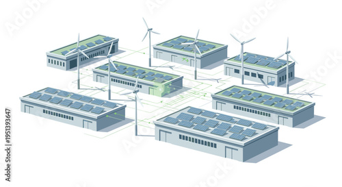 Six isometric industrial buildings with rooftop solar panels and four wind turbines are interconnected on a white background.