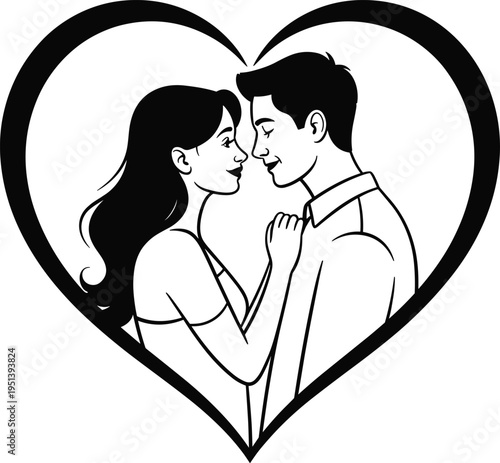 Couple in Heart Silhouette Romantic Moment Close Up Black and White Line Art Stock Illustration