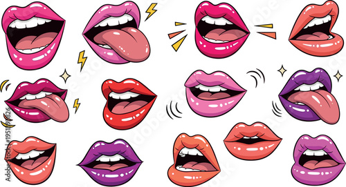 Pop Art Sexy Lips and Mouth Expression Set with Tongue Talking Kissing and Shouting Cartoon Style Vector Collection