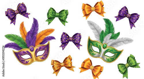 Mardi Gras Masks and Bows on White