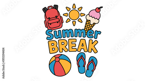 Summer break colorful icons and text on white background