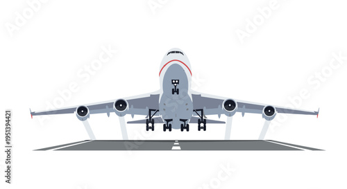 A large wide-body passenger jet airplane is viewed head-on, landing or taking off on a runway against a white background.