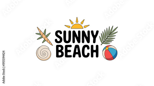 Sunny beach graphic with cartoon sun palm leaf snail beachball and carrot  summer vacation