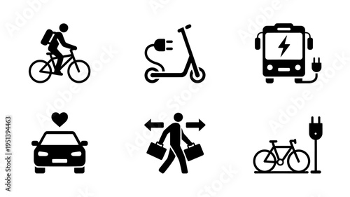 Black and white icons of transportation and travel methods on white background
