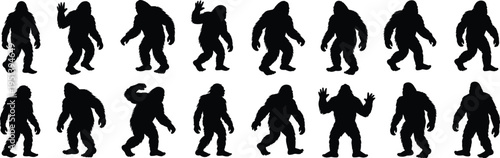 Bigfoot silhouette collection showing various poses and gestures isolated on white background for mythical creature design, sasquatch illustration and branding