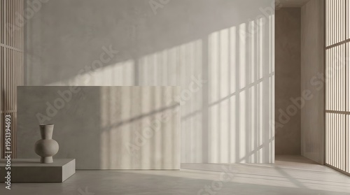 Minimalist interior bathed in natural light with vertical shadow patterns and a ceramic vase