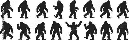 Bigfoot silhouette vector set, sasquatch walking poses collection black cryptid characters isolated on light background for design use