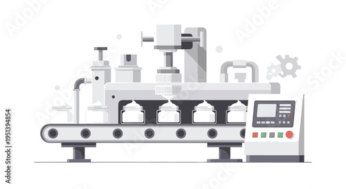 A grey cream filling and capping machine dispenses white cream into four clear jars on a conveyor belt with a control panel.