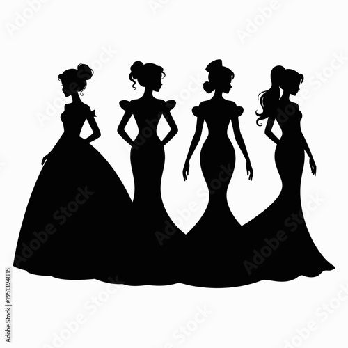 A silhouette of four women in elegant dresses is depicted.