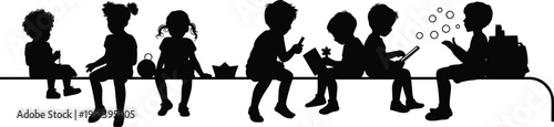 Children Silhouette Sitting on Bench Reading Books Using Devices and Playing, Kids Activity Vector Illustration
