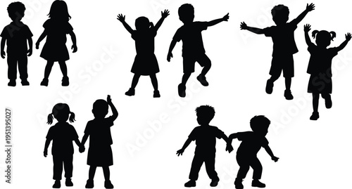 Children silhouettes set with boys and girls playing, jumping and holding hands, black vector illustration for school and childhood design