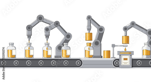 A liquid filling and capping line features two robotic arms dispensing golden liquid into bottles and one arm capping them.