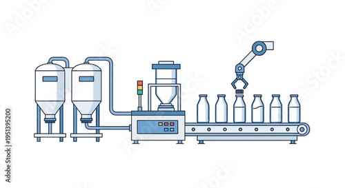 A beverage production line features two blue silos, a filling machine, and a robotic arm placing blue caps onto bottles.