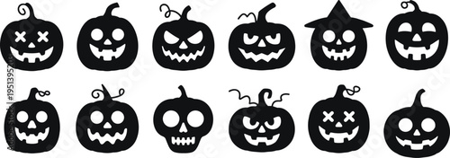 Collection of spooky Halloween pumpkin jack o lantern faces and skull silhouette icons set isolated on white background for autumn horror decoration design