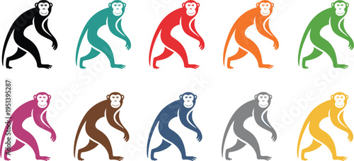 Colorful monkey character set in different color variations isolated on white background for mascot logo design and playful animal illustration
