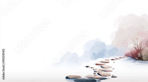 Faint path visible in snowy landscape during winter with distant bushes and soft colors in the background