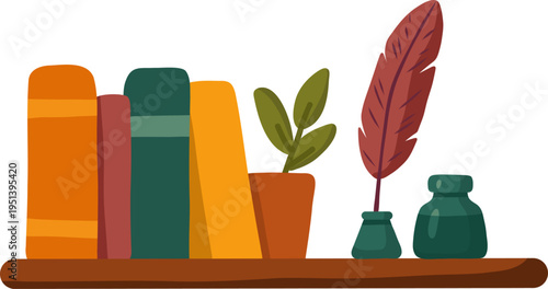 Stack of colorful books with plant and ink bottle on shelf illustration in flat style on light background, perfect for education content, home decor