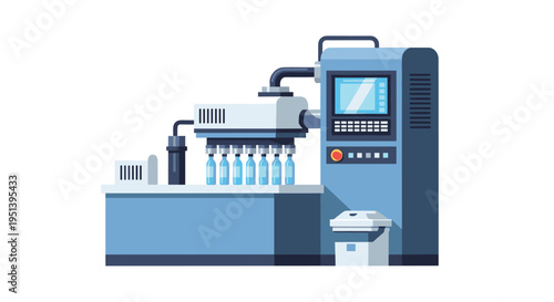 An automated industrial machine fills eight clear glass bottles on a production line against a clean white background.